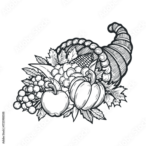 Cornucopia filled with fresh fruits and vegetables for harvest season. Vector black icon