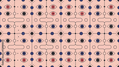 Geometric pattern with eyes and circles on a light pink background arranged in a tiled repeat design