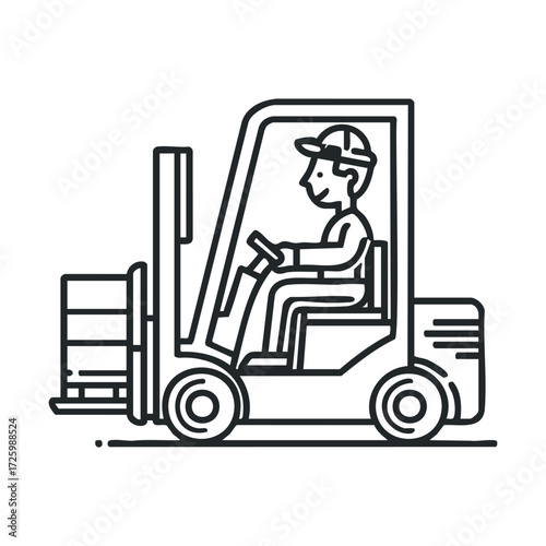 Forklift operation in a warehouse with driver handling cargo. Vector black icon