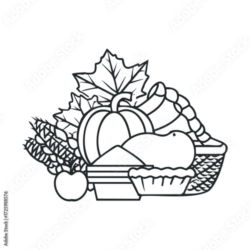 Autumn harvest basket with fruits and seasonal decorations. Vector black icon