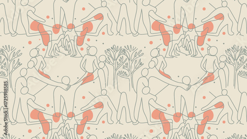 Abstract pattern with human figures trees and peach colored accents in a seamless repetition design