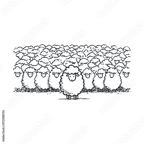 Unique sheep standing out in a flock during a sunny day. Vector black icon