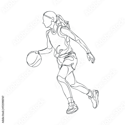Dynamic basketball player dribbling a ball during a game. Vector black icon