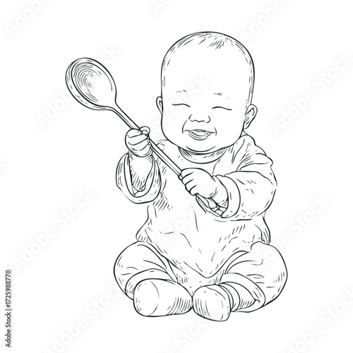 Happy baby playing with a spoon during mealtime fun. Vector black icon
