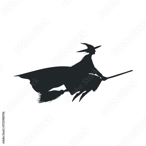 Witch flying on broomstick in silhouette for Halloween decorations. Vector black icon