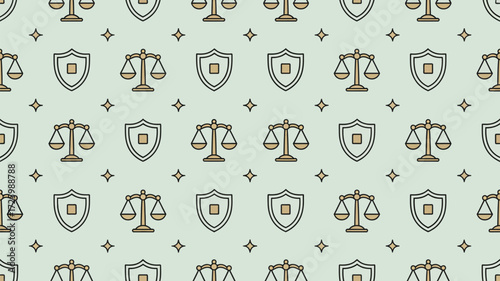 A seamless pattern featuring scales of justice shields and stars on a light background repeating design