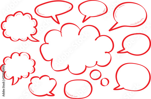 Red hand drawn speech bubbles and thought clouds for communication and design