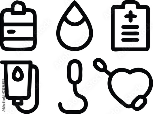Medical Equipment Outline Icons Fluid Bag, Blood Drop, Report, Blood Transfusion, Medical Probe, Stethoscope on Transparent