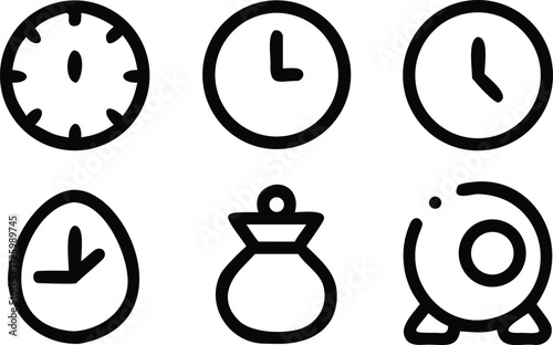 Time Related Graphics Collection Featuring Clock Designs and Hourglass Depicting Time Management and Punctuality