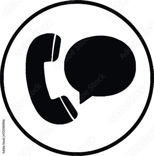 Phone Support Icon Vector Featuring Telephone Handset and Speech Bubble in Circular Frame in Black and White Style