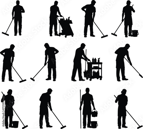 Cleaning worker silhouette set, janitorial staff actions, mop, vacuum, cleaning cart, tools, facility maintenance, black vector icons, grid layout