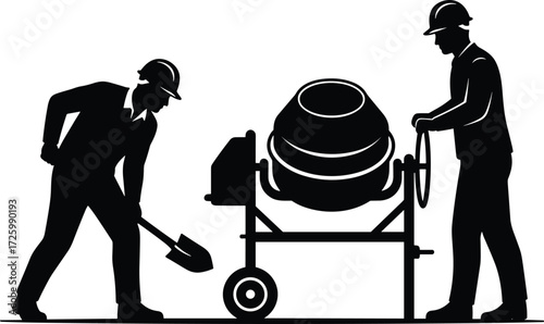 Construction worker silhouette with concrete mixer, shovel action, hard hats, teamwork, black vector icons, industrial labor, building site, repair tools
