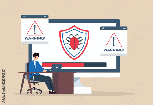 Flat illustration of technician installing anti-malware software on computer with virus scan in progress