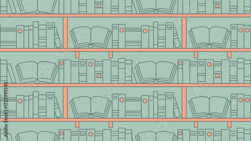 A repeating pattern of bookshelves filled with books in a light green and orange color scheme design