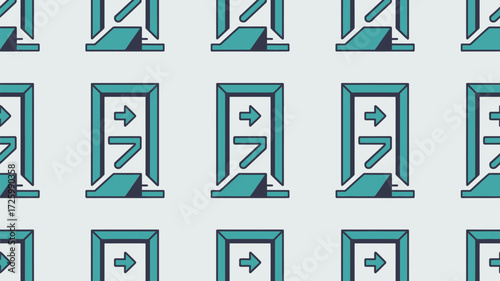 Repeating pattern of teal exit signs with arrows pointing right on a light gray background design style