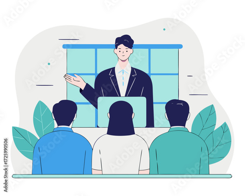 A presenter is giving a presentation to an audience in a conference room, a laptop on the table in front of him
