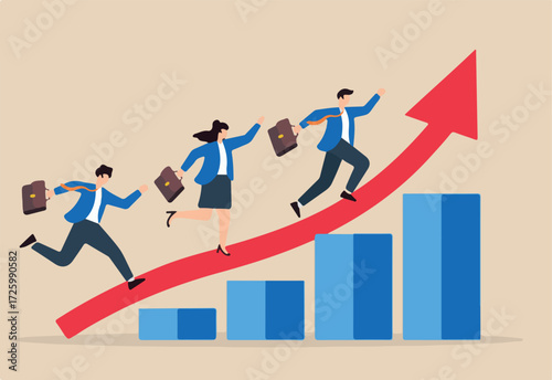 Flat illustration of business people run on growth arrow up chart symbolizing teamwork and career success