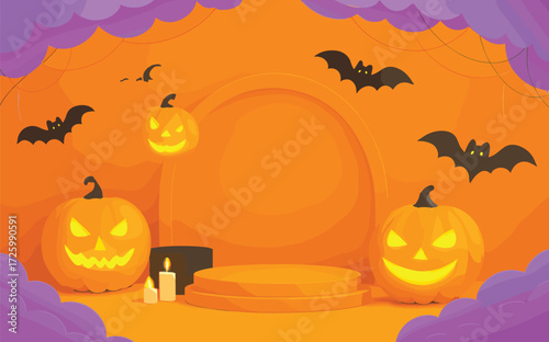 Halloween vector illustration with glowing pumpkins, orange background, spooky stage, bats, candles, purple clouds, festive decor, jack-o'-lantern display