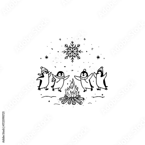 Penguins wearing hats and scarves gather around a campfire under a snowflake in a winter scene drawing