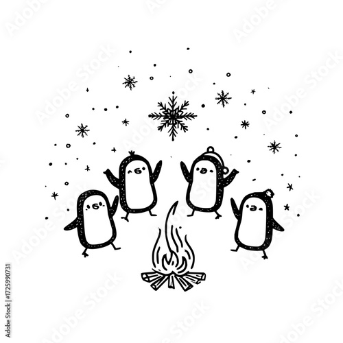 Four penguins gathered around a campfire under falling snowflakes in a winter wonderland scene design