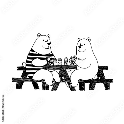 Two polar bears enjoying bubble tea together at a picnic table in a black and white illustration