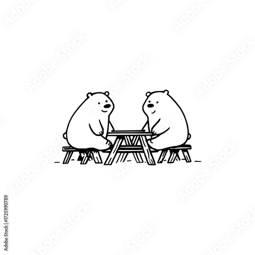 Two polar bears sitting at a picnic table facing each other in a simple black and white line drawing
