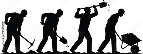 Manual labor silhouette set, construction workers with pickaxe, shovel, wheelbarrow, excavation poses, black vector icons, physical work illustration, grid layout