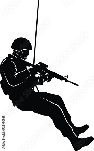 Military rappel silhouette, soldier descending with rifle, tactical gear, helmet, rope action, black vector icon, combat training, vertical entry