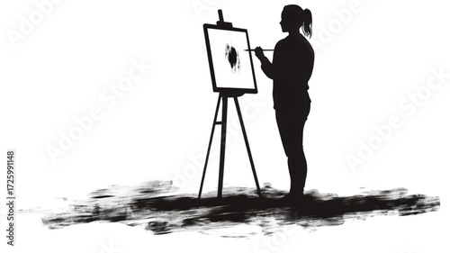 Silhouette of a female artist painting on an easel.