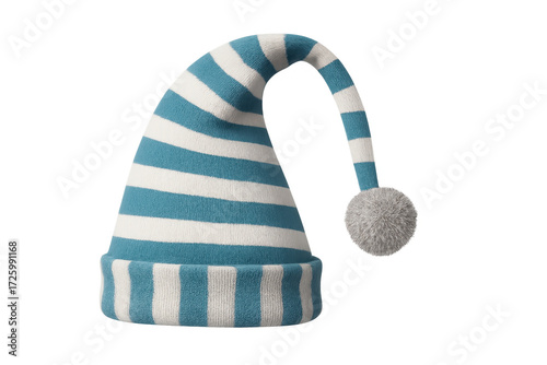 Blue striped nightcap with pom-pom on transparent