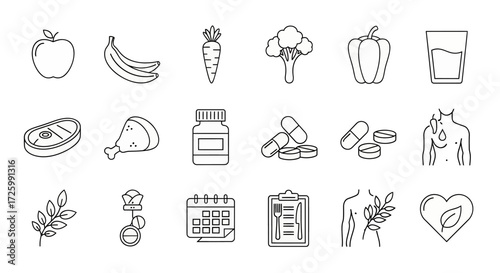 Healthy lifestyle icon set with fresh food and exercise