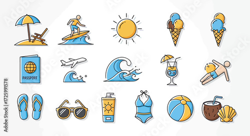Summer vacation travel beach icons set for design