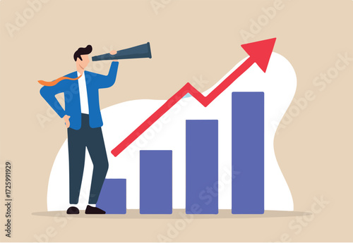 Flat illustration of businessman looks through telescope at growth chart diagram forecasting economic increase business profit grow investment earning improvement
