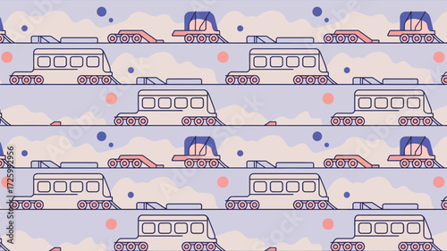 A repeating pattern of train cars and other objects on a light purple background with dots and circles