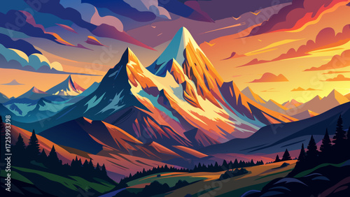 Incredible scenery of European Alps in during sunset. Grossglockner peak glowing in sunlight with perfect colorful sky. Grossglockner High Alpine is a most popular place of ..