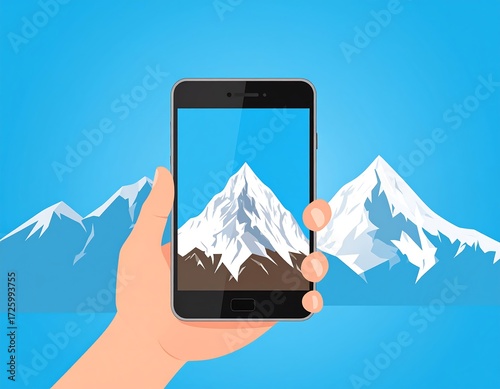 Hand holding a phone, mountain picture