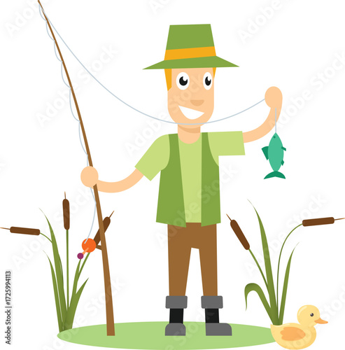 Happy fisherman with catch and fishing rod vector illustration