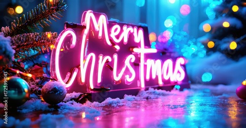 Bright neon sign displays Merry Christmas. Festive decorations, snow, lights create joyful holiday scene. Vibrant colors dominate composition.