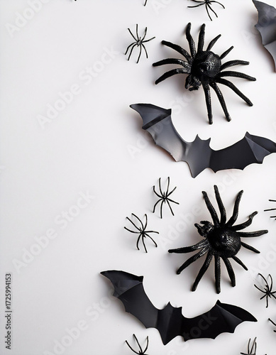 Black bats and spiders creating halloween border on white background