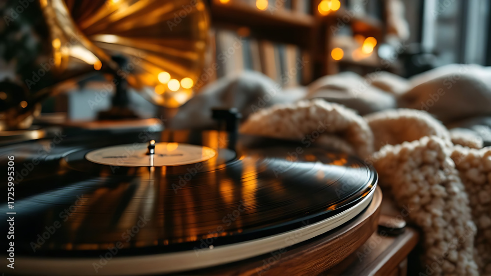 Obraz premium Vinyl record on gramophone. Classic gramophone playing vinyl. Retro music vinyl on phonograph.