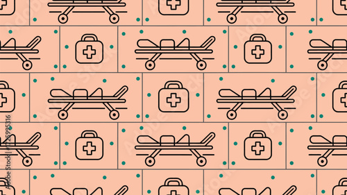 A seamless pattern featuring medical equipment such as stretchers and first aid kits on a peach background