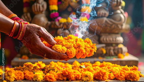 Hindu Flower Offering Temple. Religion concept. Generated Image