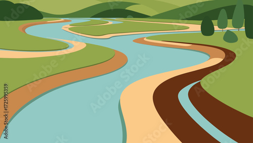 Stylized winding river through green hills and valleys