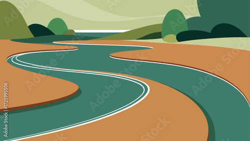 Stylized landscape with a winding river and rolling hills