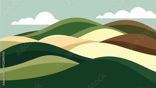 Stylized rolling hills and clouds in a flat design landscape