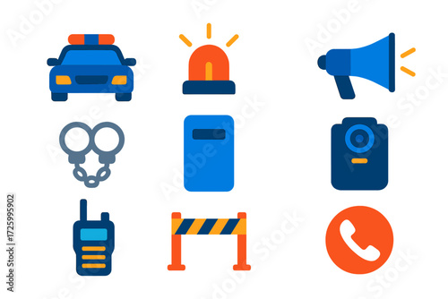 Police Emergency Icons. Flat vector icons of police emergencies: patrol car, siren light, megaphone, handcuffs, riot shield, body
