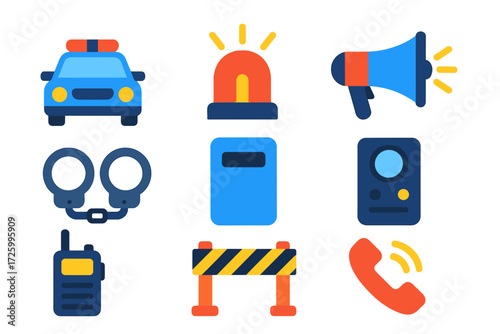 Police Emergency Icons. Flat vector icons of police emergencies: patrol car, siren light, megaphone, handcuffs, riot shield, body