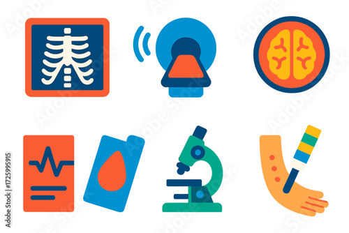 Diagnostic Test Icons. Flat vector icons of diagnostic tests: X-ray, ultrasound probe, MRI scanner, CT scan slice, ECG printout,