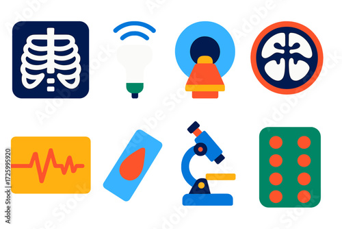 Diagnostic Test Icons. Flat vector icons of diagnostic tests: X-ray, ultrasound probe, MRI scanner, CT scan slice, ECG printout,