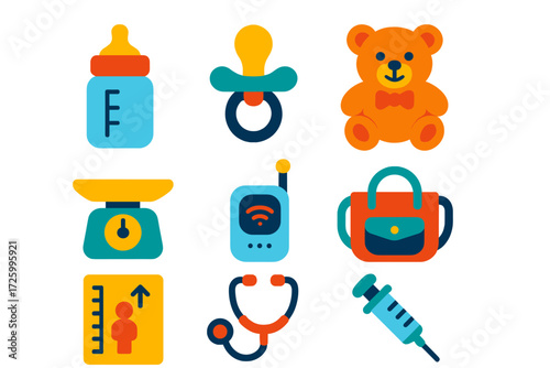 Pediatric Care Icons. Flat vector icons of pediatric care: baby bottle, pacifier, teddy bear, infant scale, baby monitor, diaper